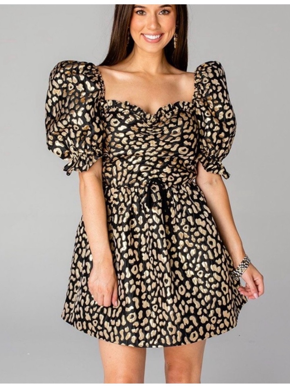 Buddy Love Black & Gold Leopard Puff Sleeve Mini Dress
